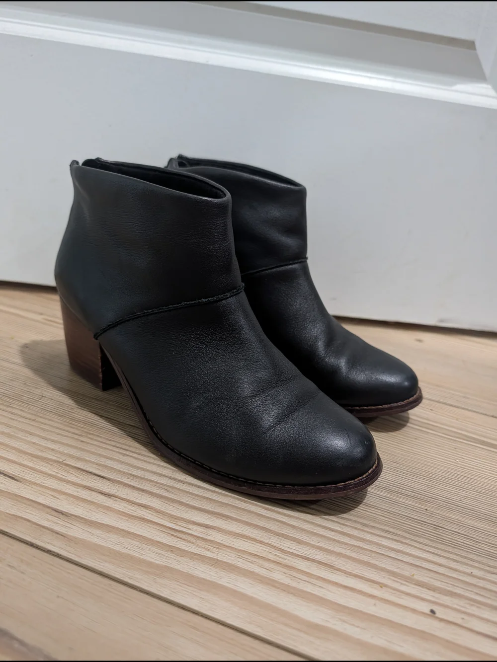 Toms Black Leather Ankle Booties with Brown Block Heel
